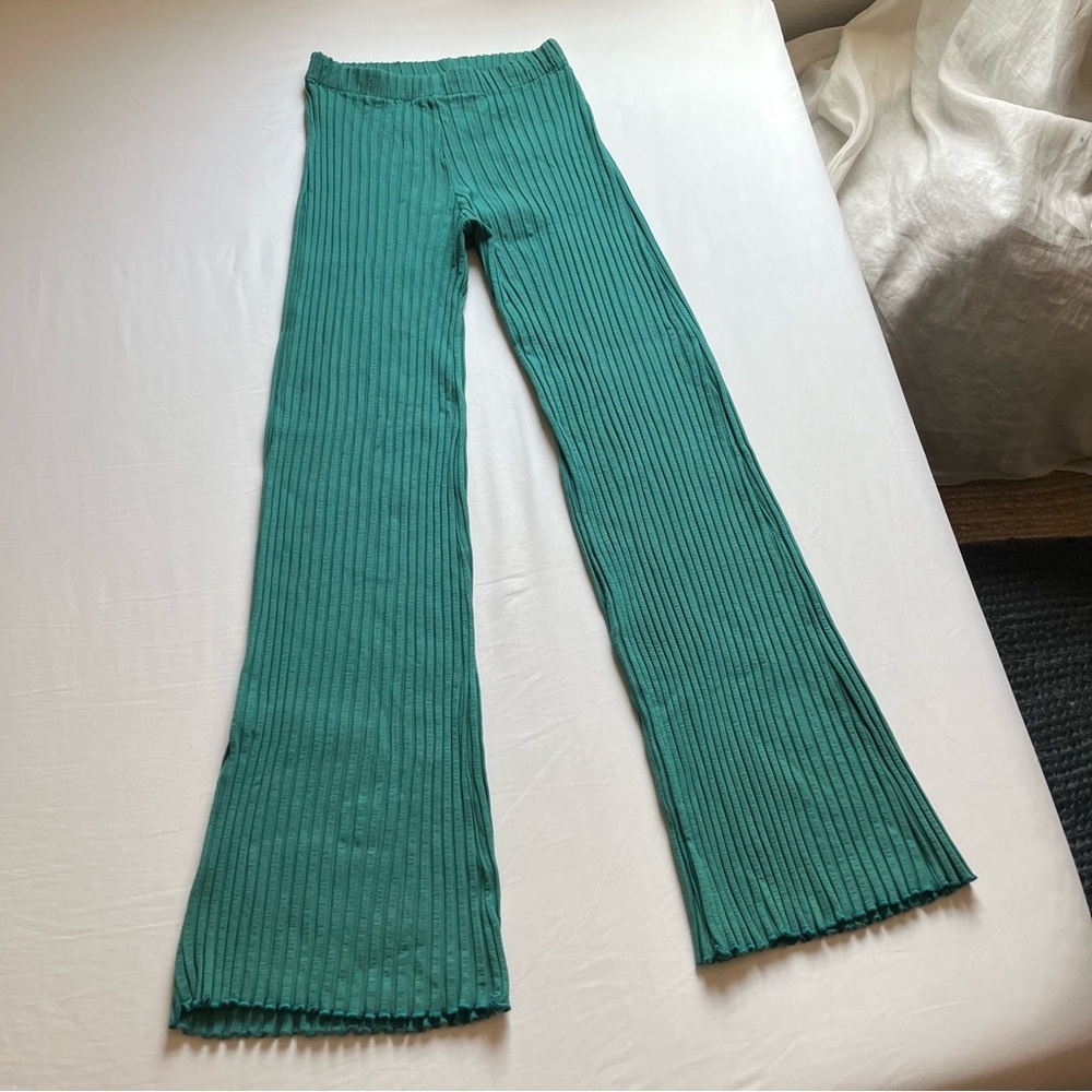 SIMON MILLER green chunky rib knit elastic waist bootcut wide leg flare‎ pants